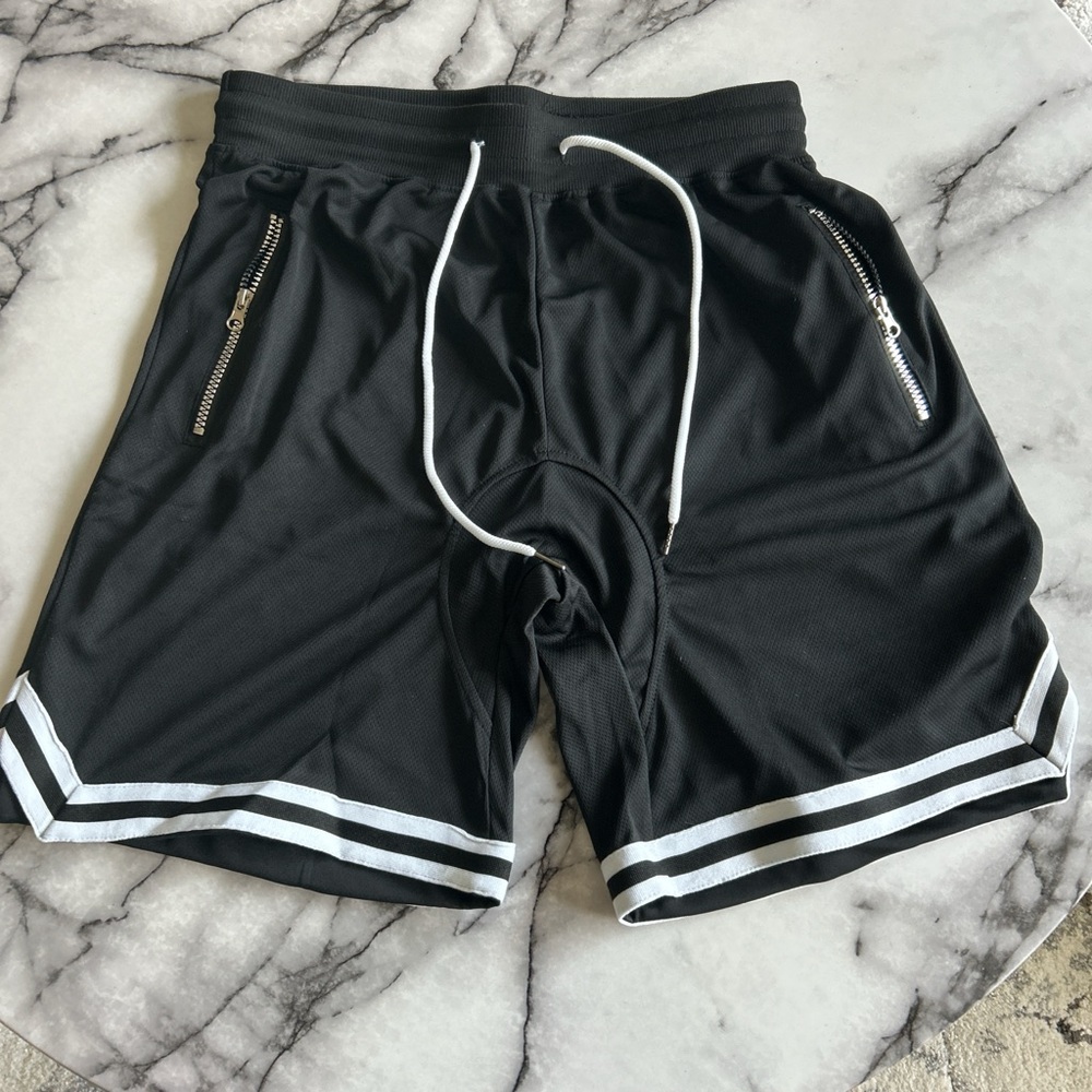 (Sold) Black Athletic Men's Shorts with White Accents